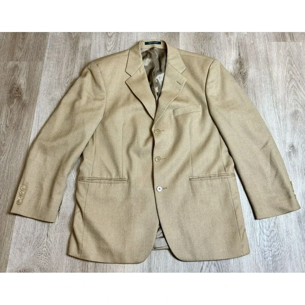 Lauren Ralph Mens Tan Herringbone Blazer Jacket Made in Canada Alpaca Sport Coat